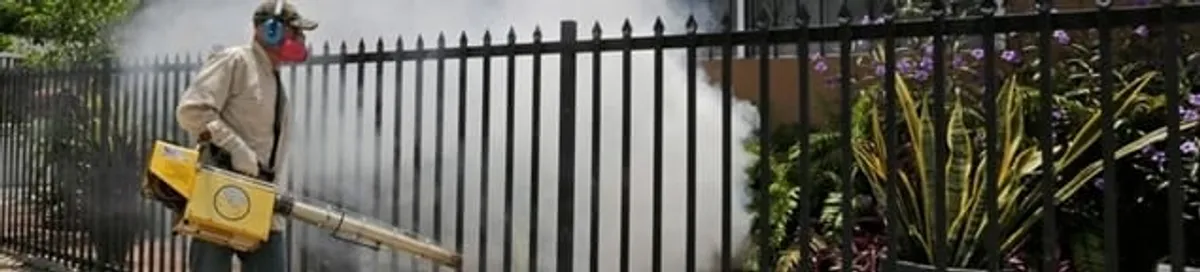 Mosquito control technician fogging a yard perimeter for mosquito reduction in Chandler, AZ
